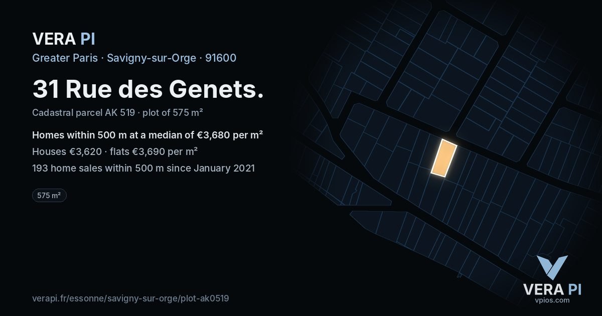 31 Rue des Genets, Savigny-sur-Orge at night – the plot lit, the parcels around coloured by the prices near them