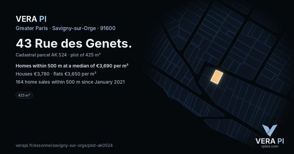 43 Rue des Genets, Savigny-sur-Orge at night – the plot lit, the parcels around coloured by the prices near them