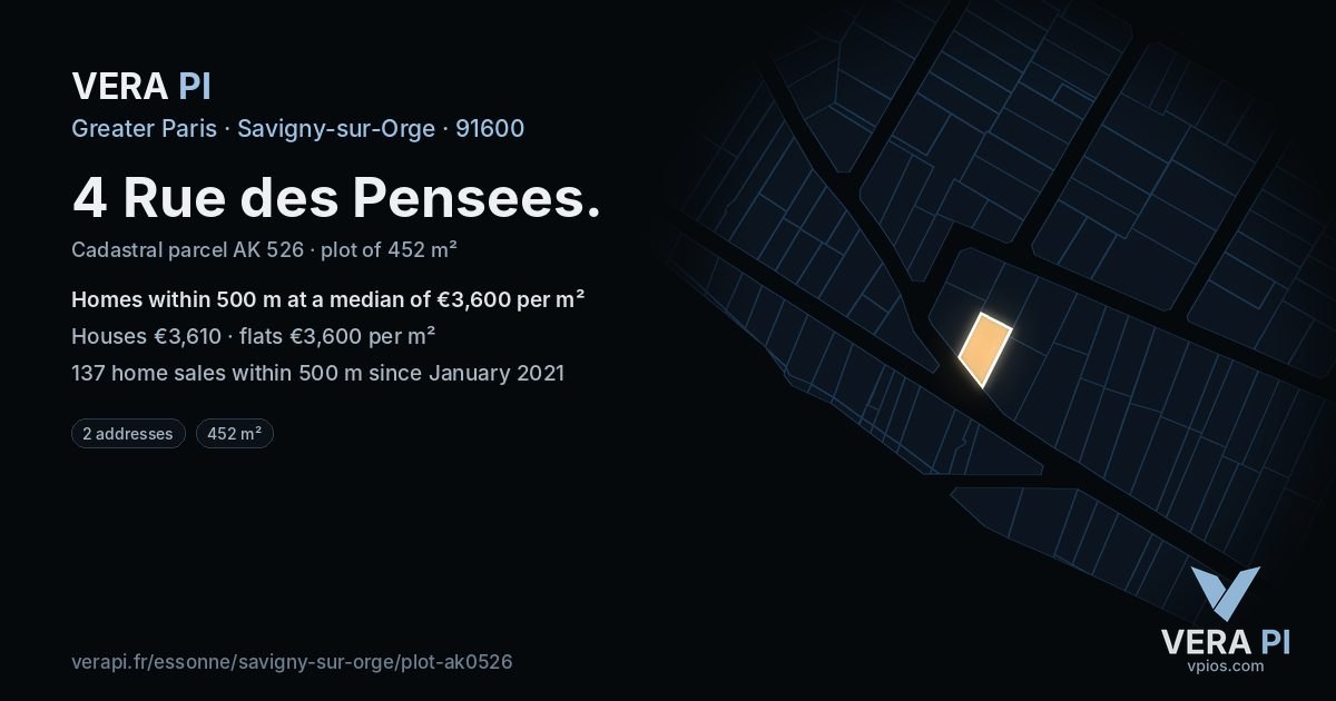 4 Rue des Pensees, Savigny-sur-Orge at night – the plot lit, the parcels around coloured by the prices near them