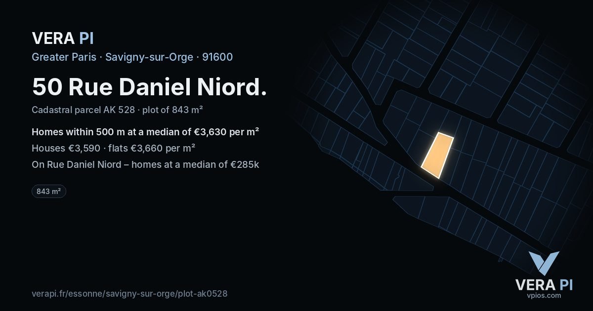 50 Rue Daniel Niord, Savigny-sur-Orge at night – the plot lit, the parcels around coloured by the prices near them
