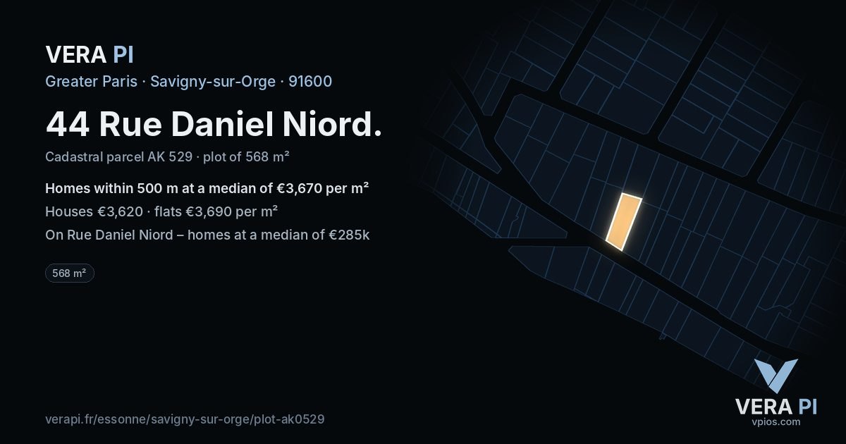 44 Rue Daniel Niord, Savigny-sur-Orge at night – the plot lit, the parcels around coloured by the prices near them