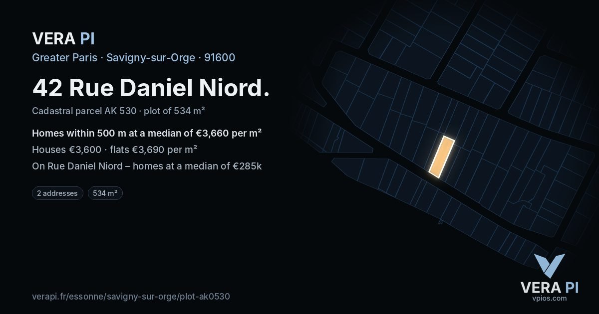 42 Rue Daniel Niord, Savigny-sur-Orge at night – the plot lit, the parcels around coloured by the prices near them