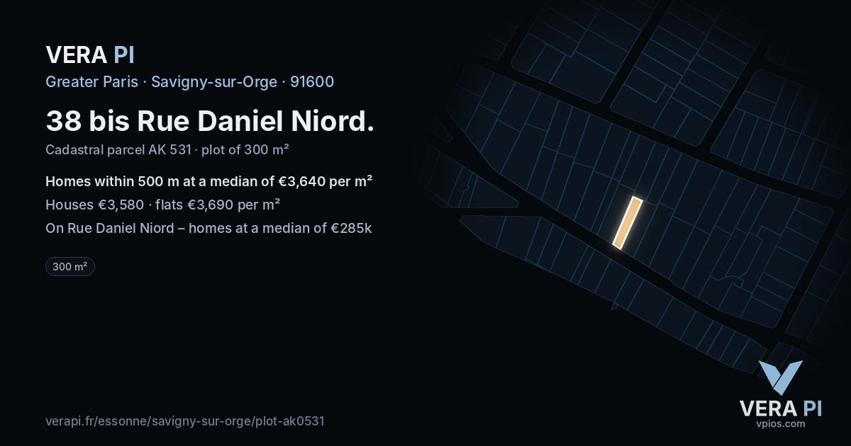 38 bis Rue Daniel Niord, Savigny-sur-Orge at night – the plot lit, the parcels around coloured by the prices near them