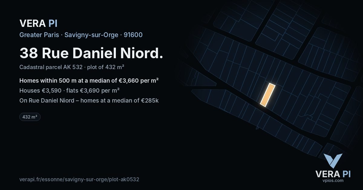 38 Rue Daniel Niord, Savigny-sur-Orge at night – the plot lit, the parcels around coloured by the prices near them