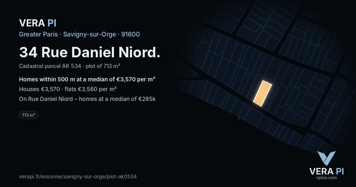 34 Rue Daniel Niord, Savigny-sur-Orge at night – the plot lit, the parcels around coloured by the prices near them