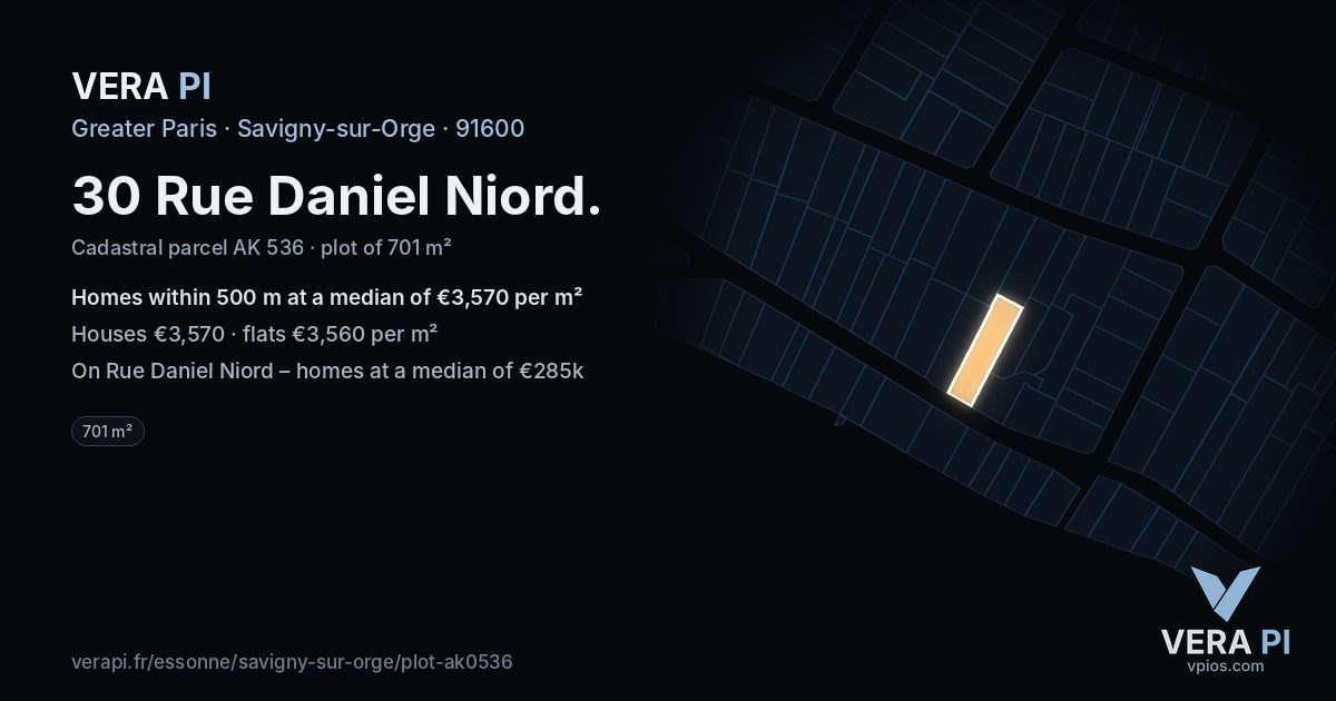 30 Rue Daniel Niord, Savigny-sur-Orge at night – the plot lit, the parcels around coloured by the prices near them