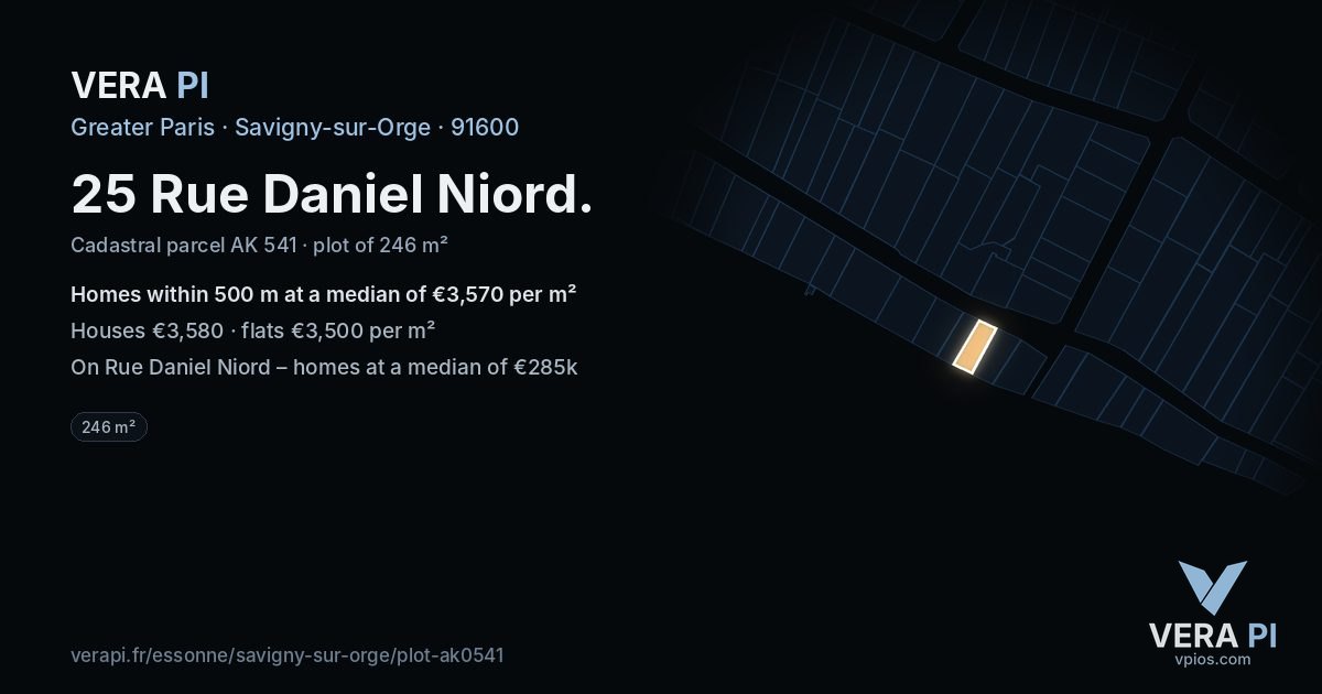 25 Rue Daniel Niord, Savigny-sur-Orge at night – the plot lit, the parcels around coloured by the prices near them