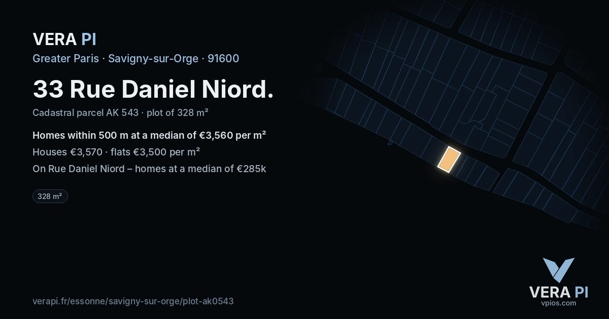 33 Rue Daniel Niord, Savigny-sur-Orge at night – the plot lit, the parcels around coloured by the prices near them