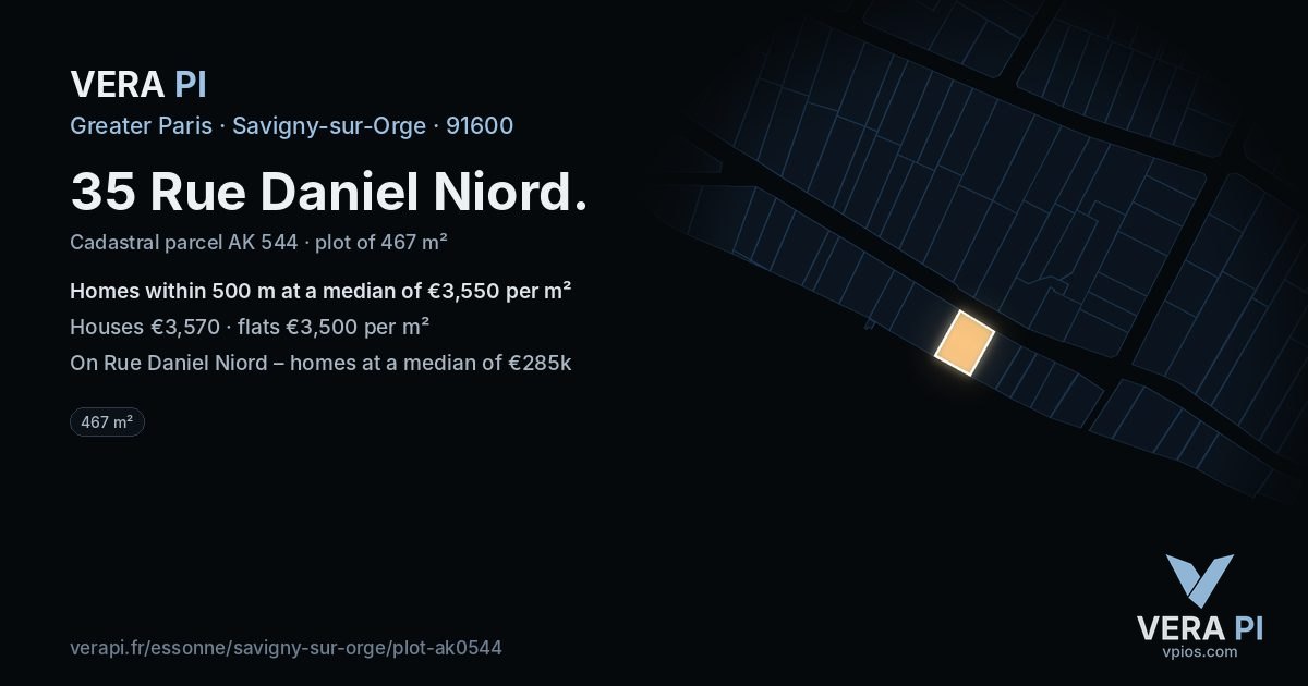 35 Rue Daniel Niord, Savigny-sur-Orge at night – the plot lit, the parcels around coloured by the prices near them