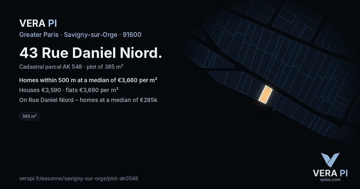 43 Rue Daniel Niord, Savigny-sur-Orge at night – the plot lit, the parcels around coloured by the prices near them