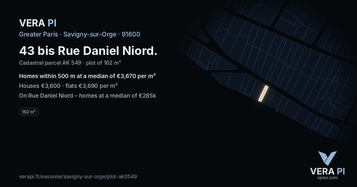 43 bis Rue Daniel Niord, Savigny-sur-Orge at night – the plot lit, the parcels around coloured by the prices near them