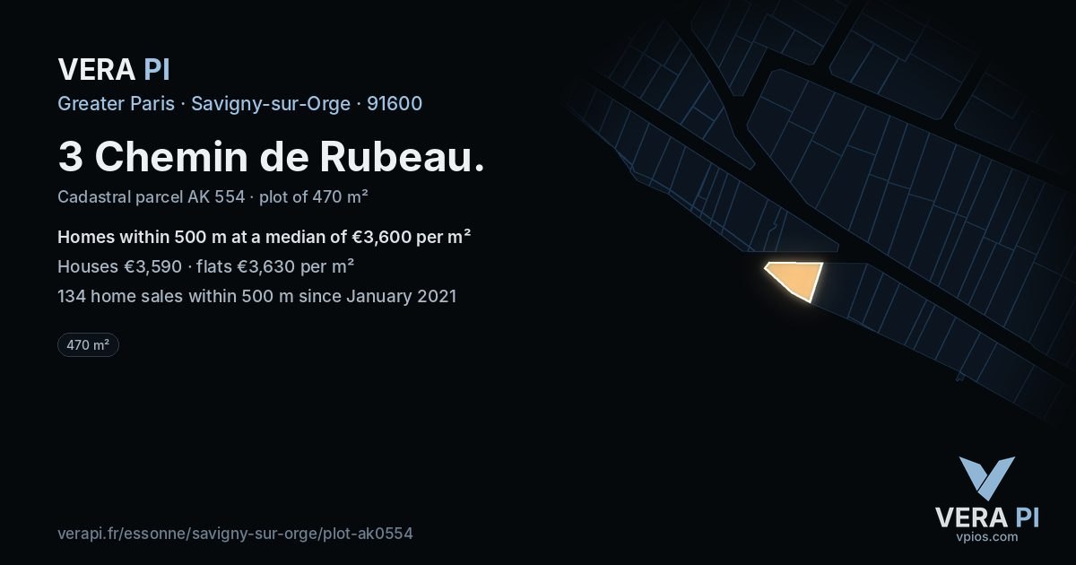 3 Chemin de Rubeau, Savigny-sur-Orge at night – the plot lit, the parcels around coloured by the prices near them