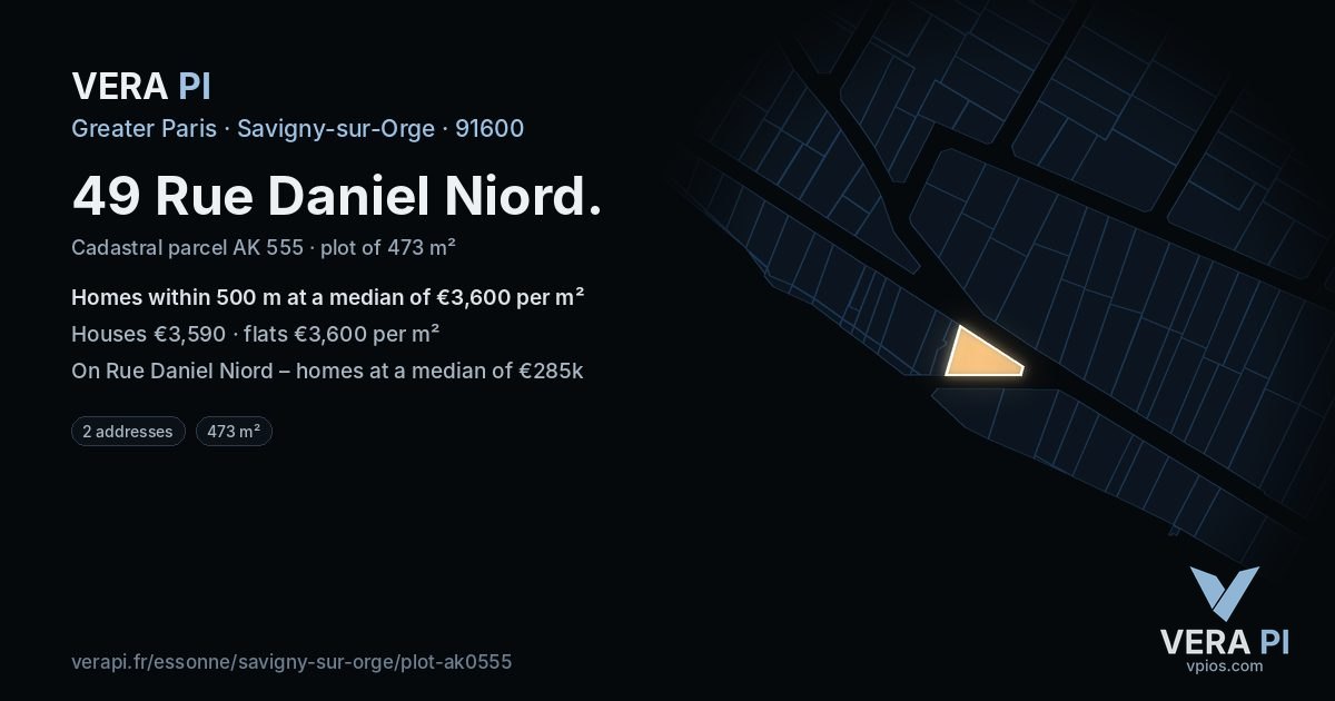 49 Rue Daniel Niord, Savigny-sur-Orge at night – the plot lit, the parcels around coloured by the prices near them