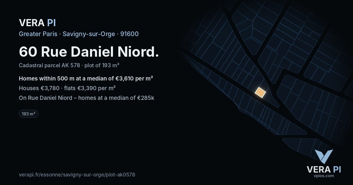 60 Rue Daniel Niord, Savigny-sur-Orge at night – the plot lit, the parcels around coloured by the prices near them