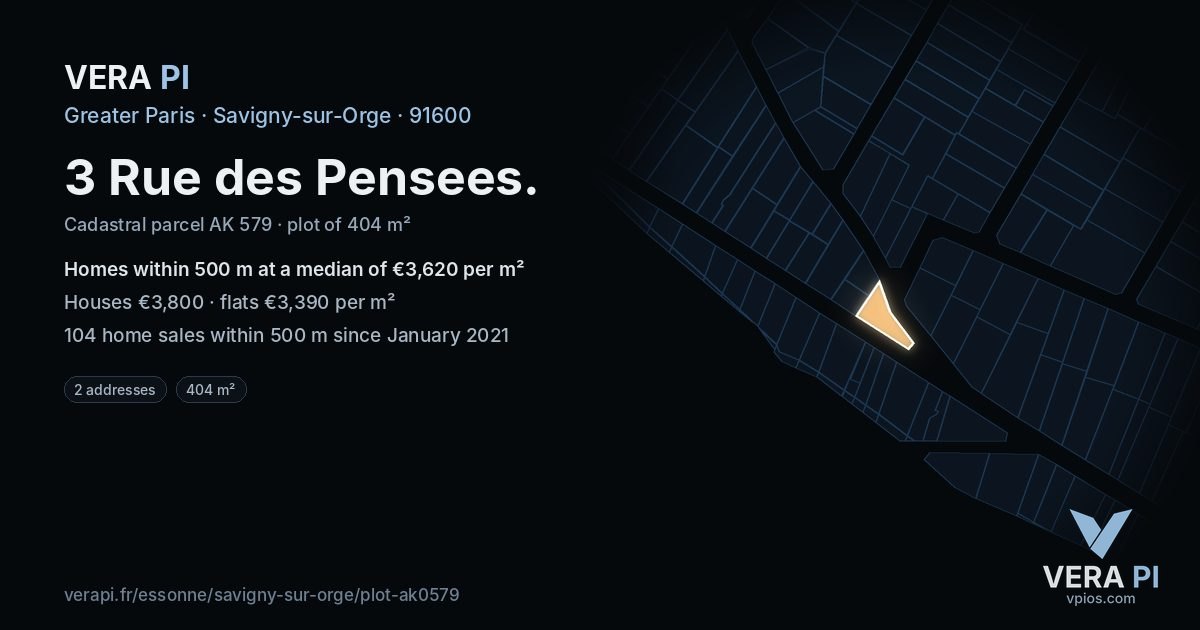 3 Rue des Pensees, Savigny-sur-Orge at night – the plot lit, the parcels around coloured by the prices near them