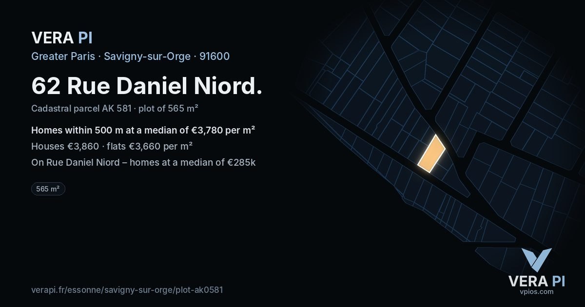 62 Rue Daniel Niord, Savigny-sur-Orge at night – the plot lit, the parcels around coloured by the prices near them