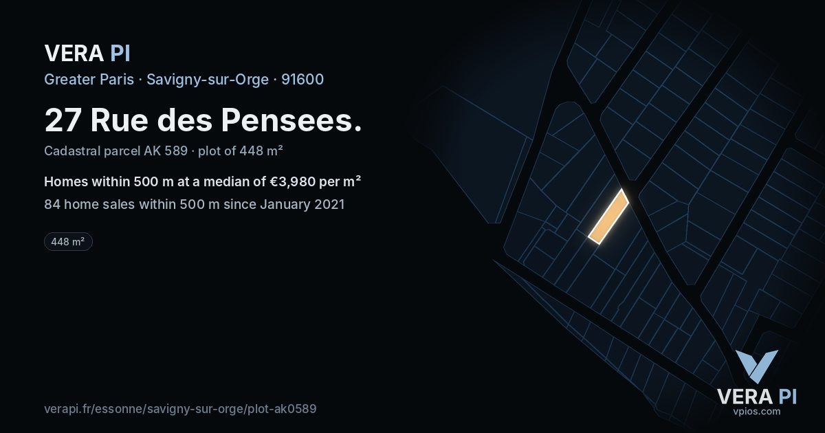 27 Rue des Pensees, Savigny-sur-Orge at night – the plot lit, the parcels around coloured by the prices near them
