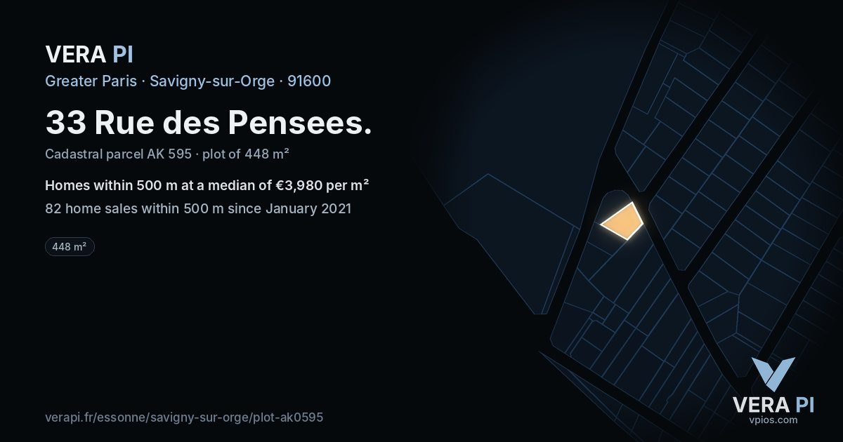 33 Rue des Pensees, Savigny-sur-Orge at night – the plot lit, the parcels around coloured by the prices near them