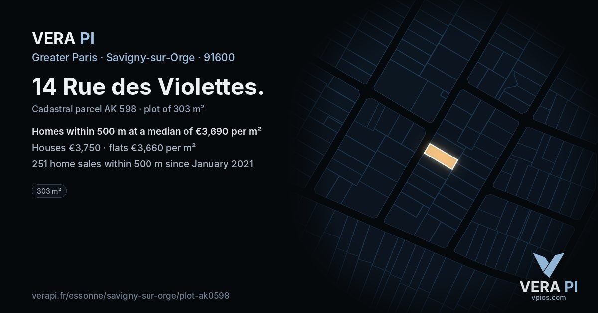 14 Rue des Violettes, Savigny-sur-Orge at night – the plot lit, the parcels around coloured by the prices near them