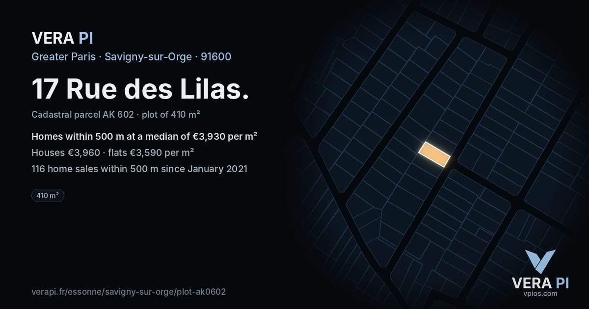 17 Rue des Lilas, Savigny-sur-Orge at night – the plot lit, the parcels around coloured by the prices near them