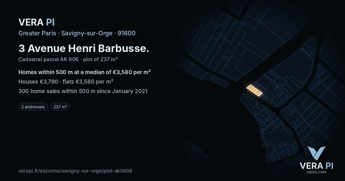 3 Avenue Henri Barbusse, Savigny-sur-Orge at night – the plot lit, the parcels around coloured by the prices near them