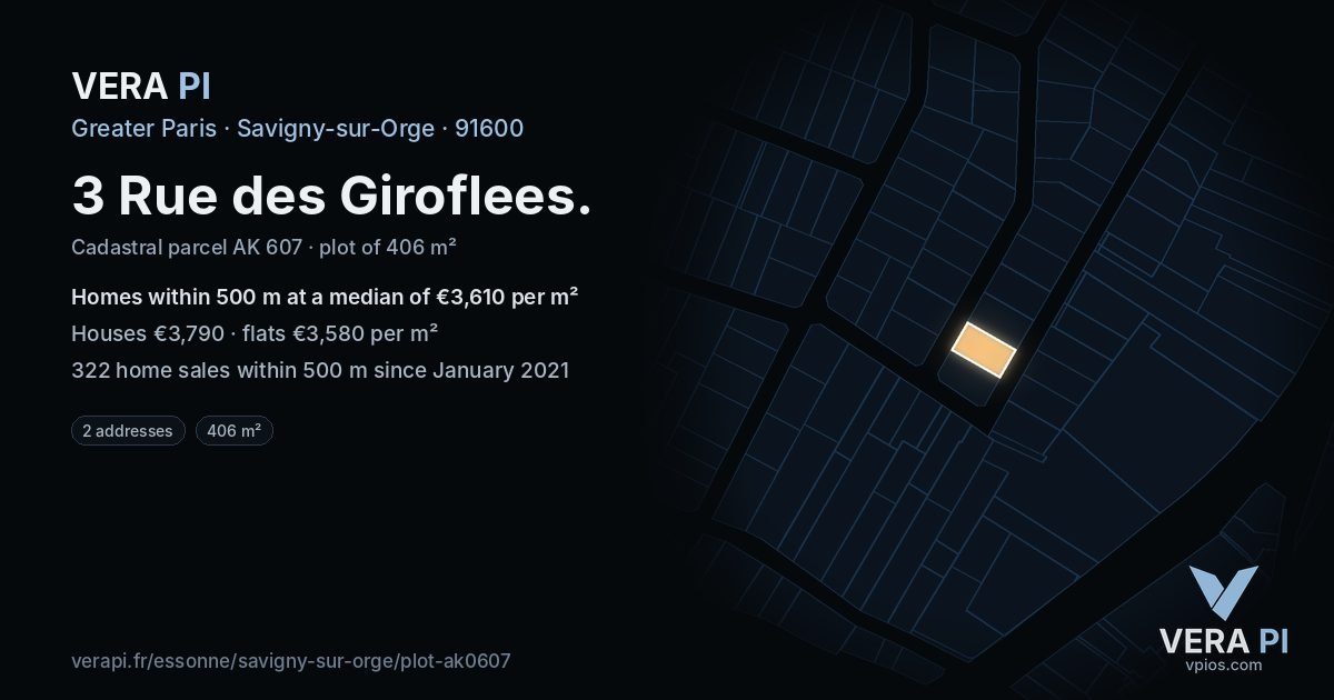 3 Rue des Giroflees, Savigny-sur-Orge at night – the plot lit, the parcels around coloured by the prices near them