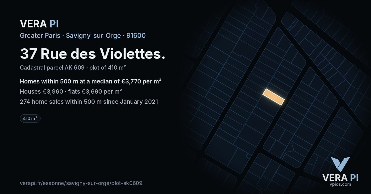 37 Rue des Violettes, Savigny-sur-Orge at night – the plot lit, the parcels around coloured by the prices near them