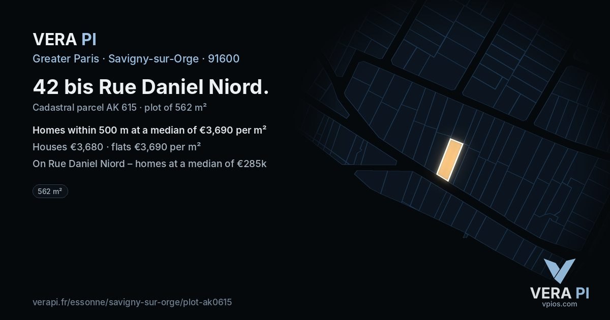 42 bis Rue Daniel Niord, Savigny-sur-Orge at night – the plot lit, the parcels around coloured by the prices near them