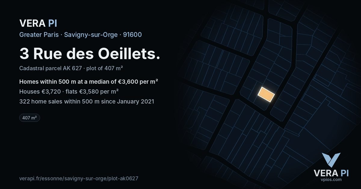 3 Rue des Oeillets, Savigny-sur-Orge at night – the plot lit, the parcels around coloured by the prices near them