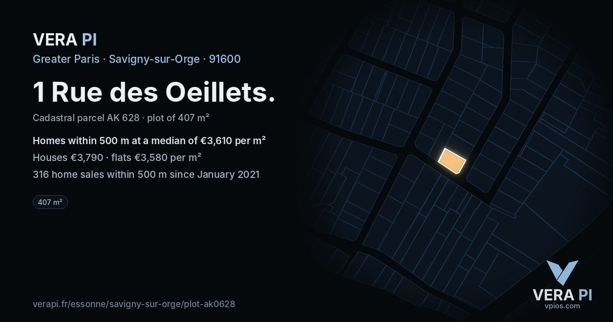 1 Rue des Oeillets, Savigny-sur-Orge at night – the plot lit, the parcels around coloured by the prices near them