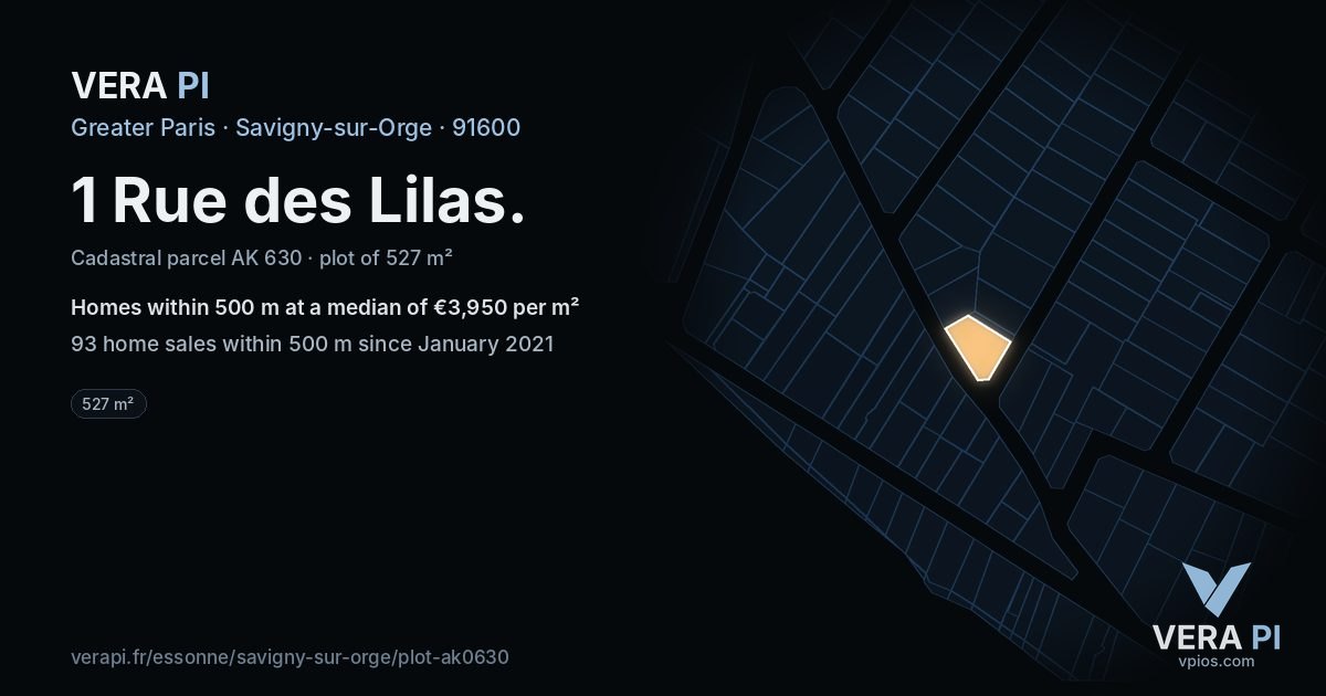 1 Rue des Lilas, Savigny-sur-Orge at night – the plot lit, the parcels around coloured by the prices near them