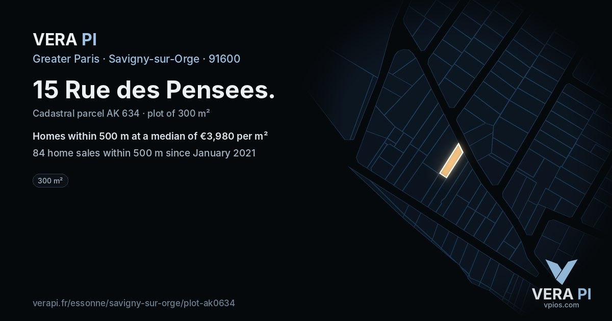 15 Rue des Pensees, Savigny-sur-Orge at night – the plot lit, the parcels around coloured by the prices near them