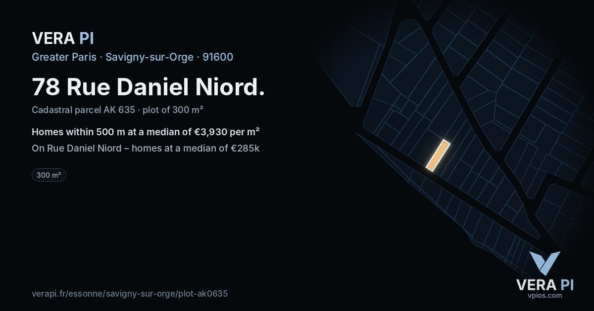 78 Rue Daniel Niord, Savigny-sur-Orge at night – the plot lit, the parcels around coloured by the prices near them