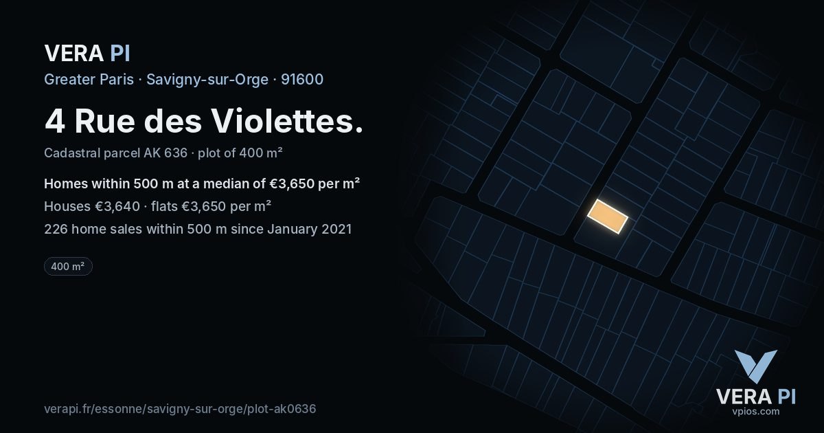4 Rue des Violettes, Savigny-sur-Orge at night – the plot lit, the parcels around coloured by the prices near them