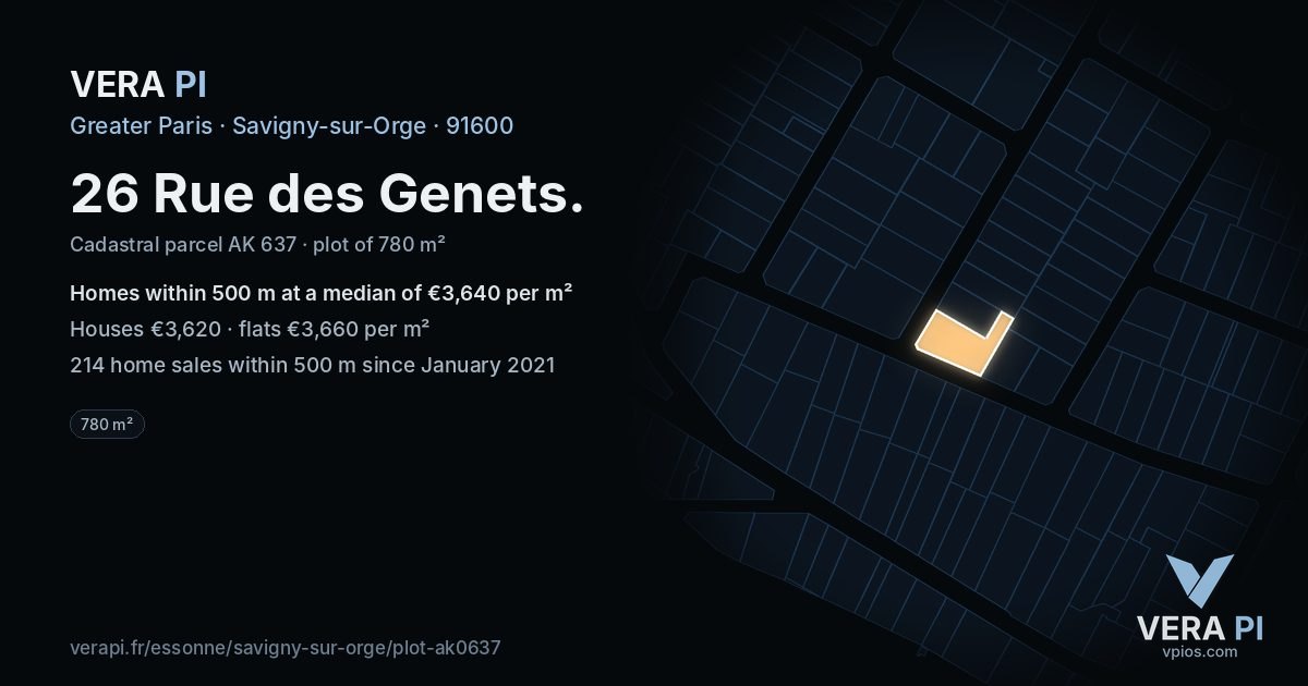 26 Rue des Genets, Savigny-sur-Orge at night – the plot lit, the parcels around coloured by the prices near them