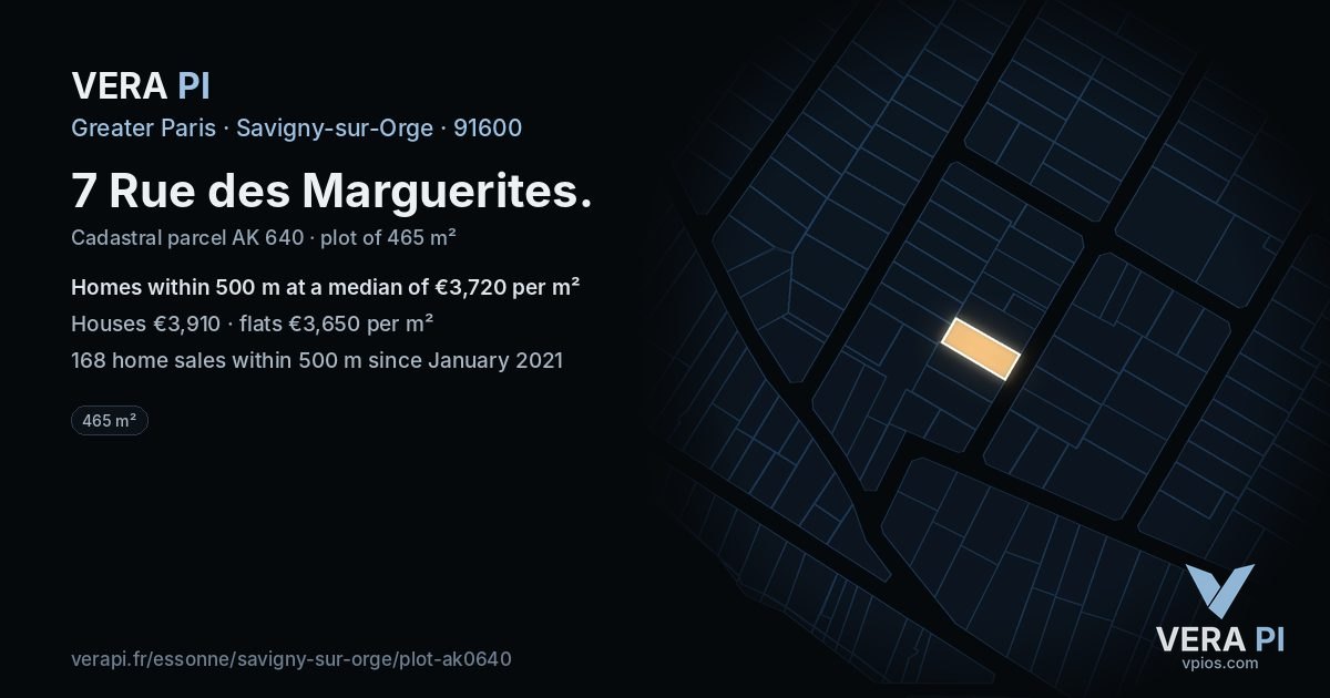 7 Rue des Marguerites, Savigny-sur-Orge at night – the plot lit, the parcels around coloured by the prices near them