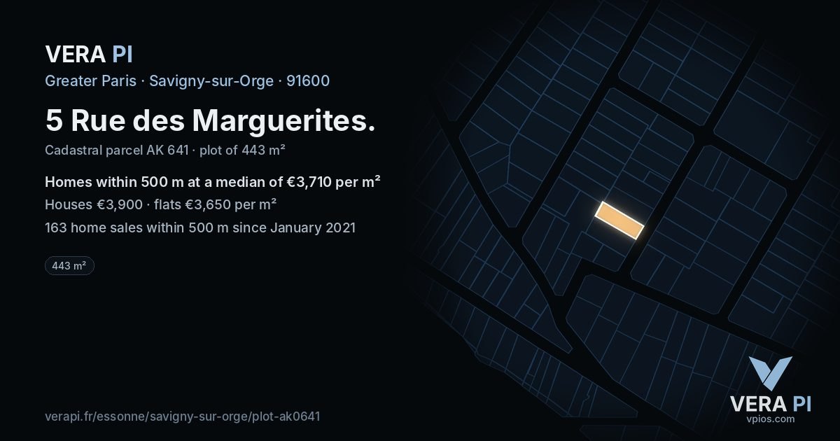 5 Rue des Marguerites, Savigny-sur-Orge at night – the plot lit, the parcels around coloured by the prices near them