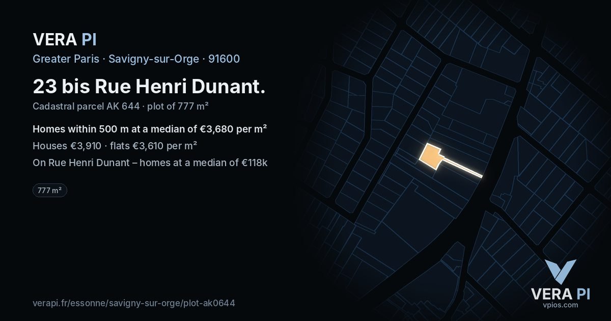 23 bis Rue Henri Dunant, Savigny-sur-Orge at night – the plot lit, the parcels around coloured by the prices near them