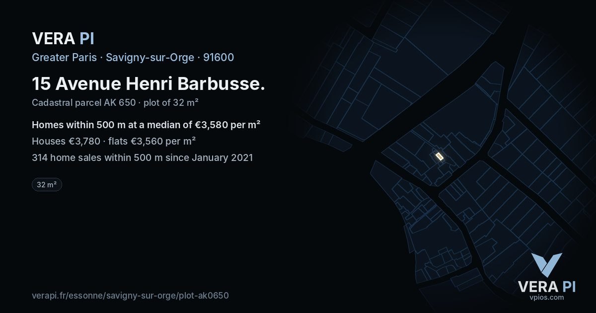 15 Avenue Henri Barbusse, Savigny-sur-Orge at night – the plot lit, the parcels around coloured by the prices near them
