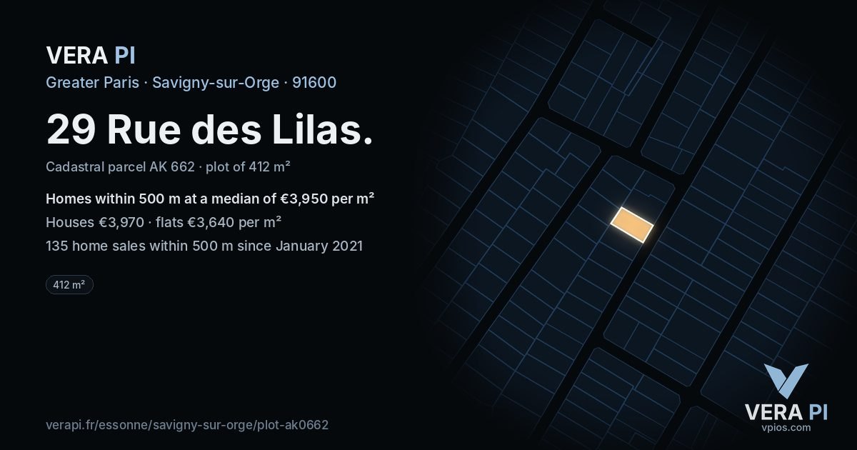 29 Rue des Lilas, Savigny-sur-Orge at night – the plot lit, the parcels around coloured by the prices near them