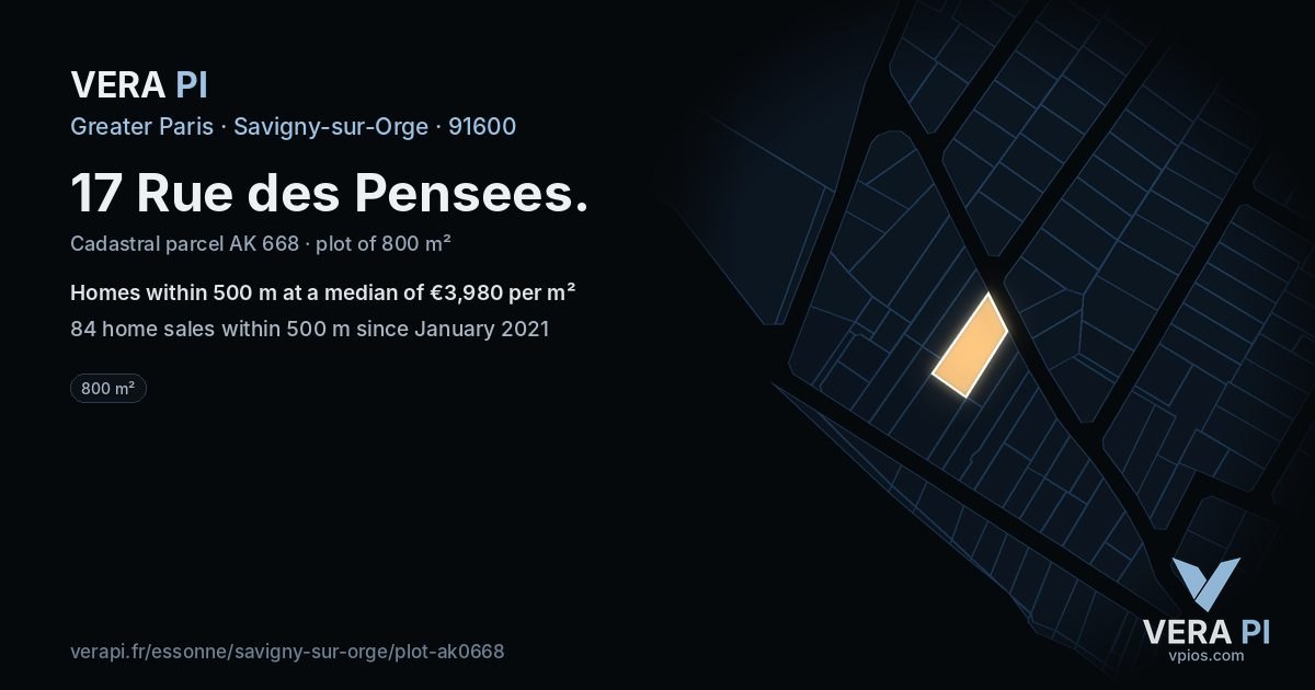 17 Rue des Pensees, Savigny-sur-Orge at night – the plot lit, the parcels around coloured by the prices near them