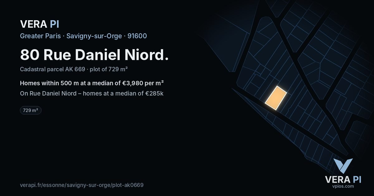 80 Rue Daniel Niord, Savigny-sur-Orge at night – the plot lit, the parcels around coloured by the prices near them