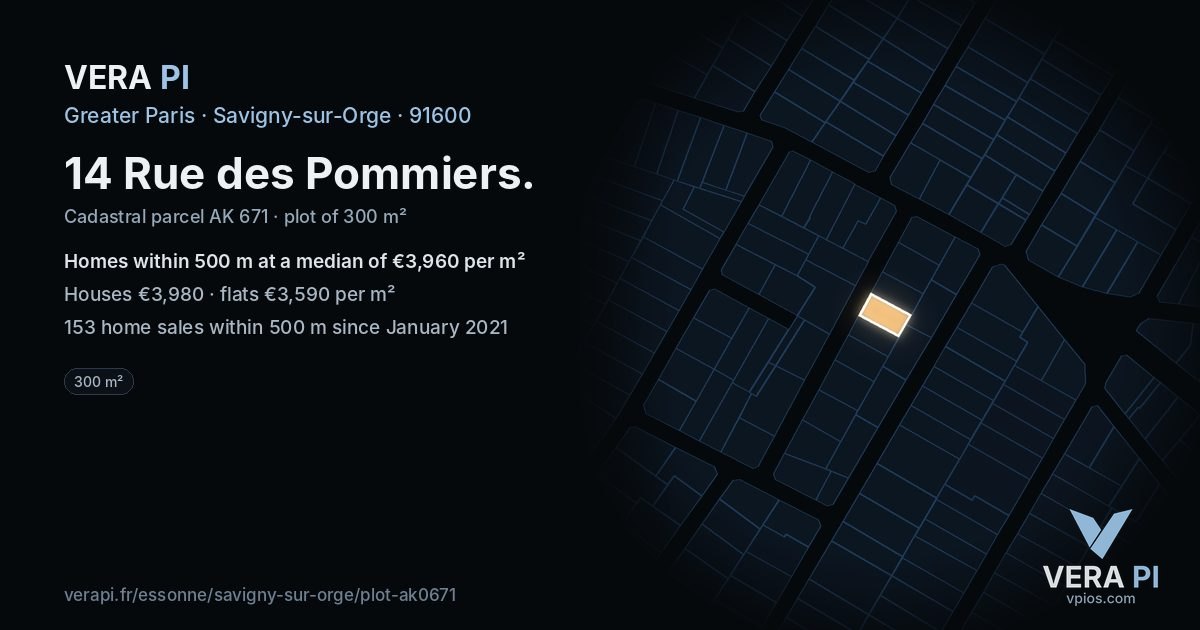 14 Rue des Pommiers, Savigny-sur-Orge at night – the plot lit, the parcels around coloured by the prices near them