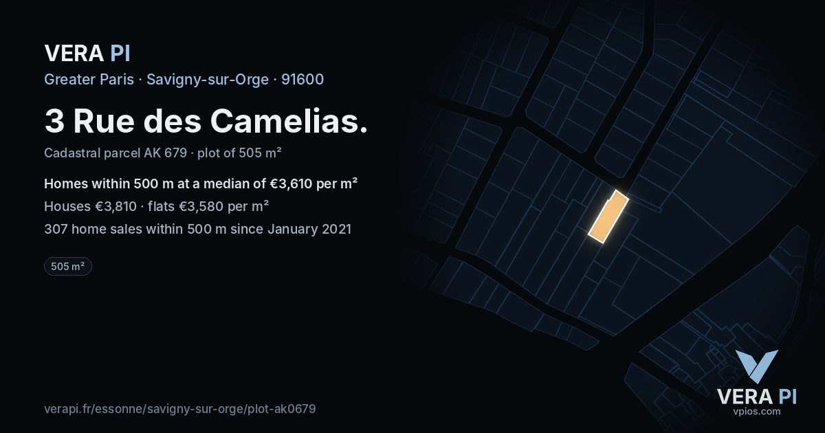 3 Rue des Camelias, Savigny-sur-Orge at night – the plot lit, the parcels around coloured by the prices near them