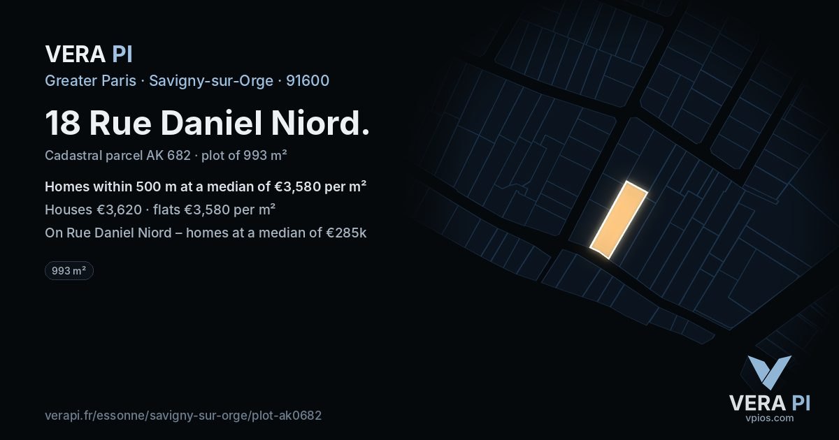 18 Rue Daniel Niord, Savigny-sur-Orge at night – the plot lit, the parcels around coloured by the prices near them