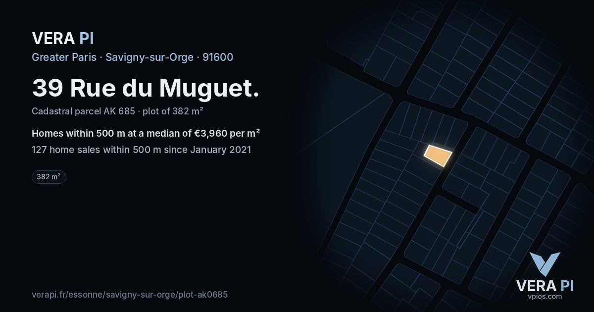 39 Rue du Muguet, Savigny-sur-Orge at night – the plot lit, the parcels around coloured by the prices near them