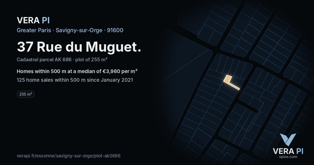 37 Rue du Muguet, Savigny-sur-Orge at night – the plot lit, the parcels around coloured by the prices near them