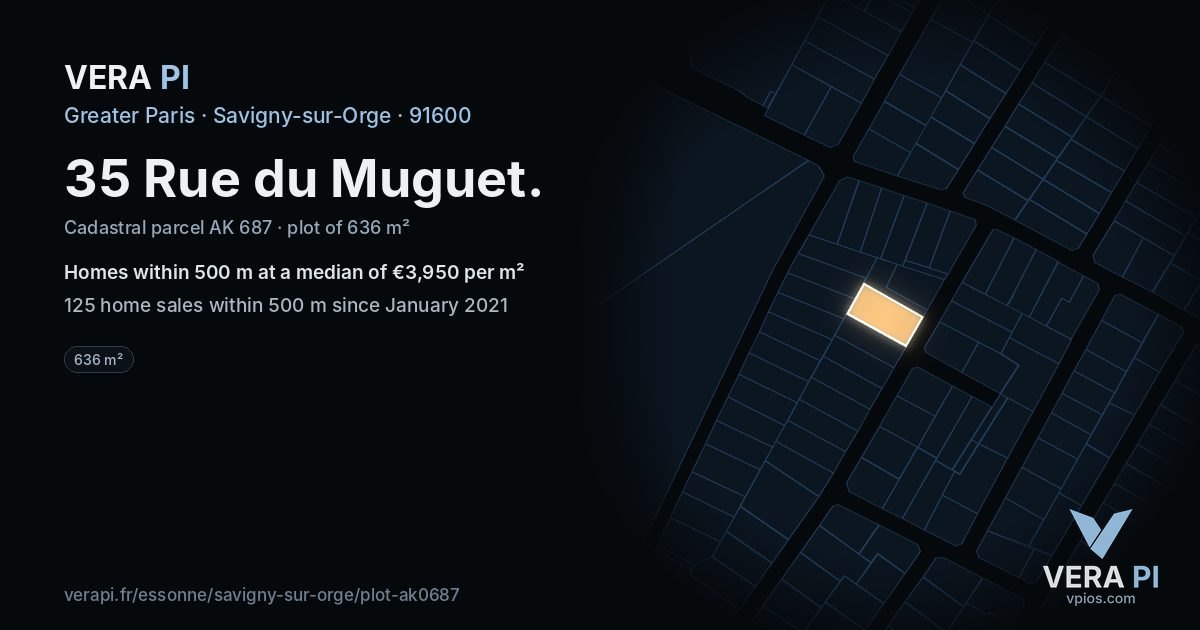 35 Rue du Muguet, Savigny-sur-Orge at night – the plot lit, the parcels around coloured by the prices near them