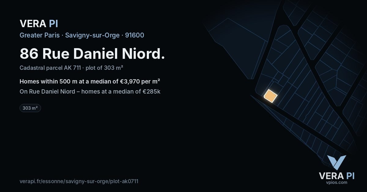 86 Rue Daniel Niord, Savigny-sur-Orge at night – the plot lit, the parcels around coloured by the prices near them