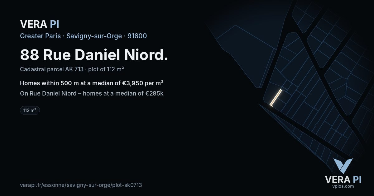 88 Rue Daniel Niord, Savigny-sur-Orge at night – the plot lit, the parcels around coloured by the prices near them